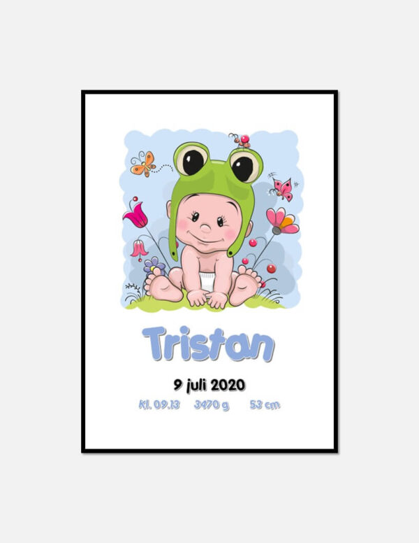 Personlig födelseposter med illustrerad pojke i grodmössa